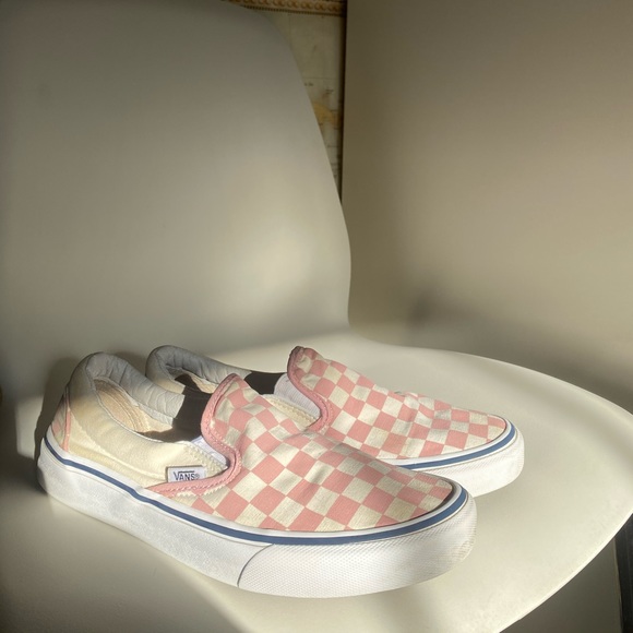 pink and white vans checkered